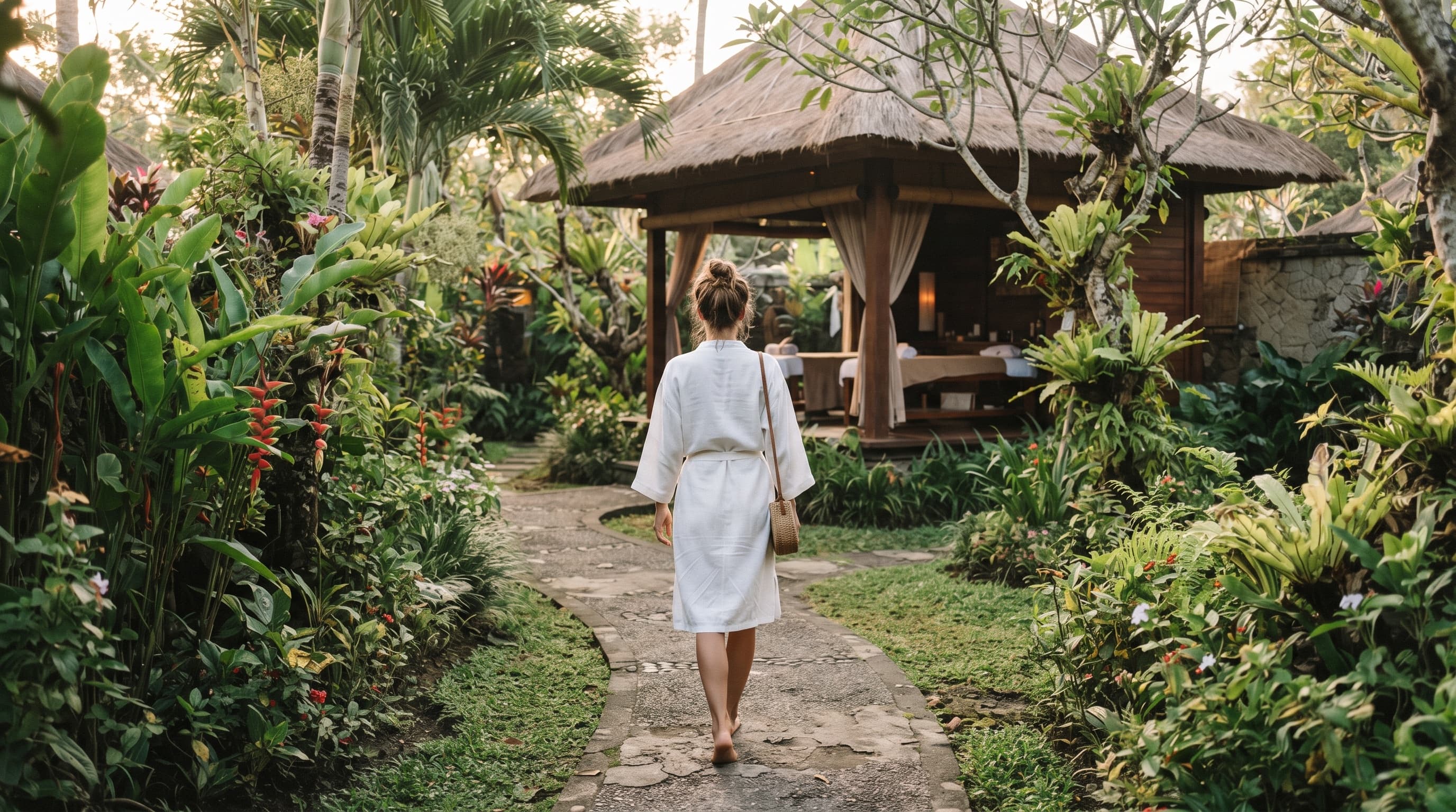 Guest walking toward a garden treatment sala