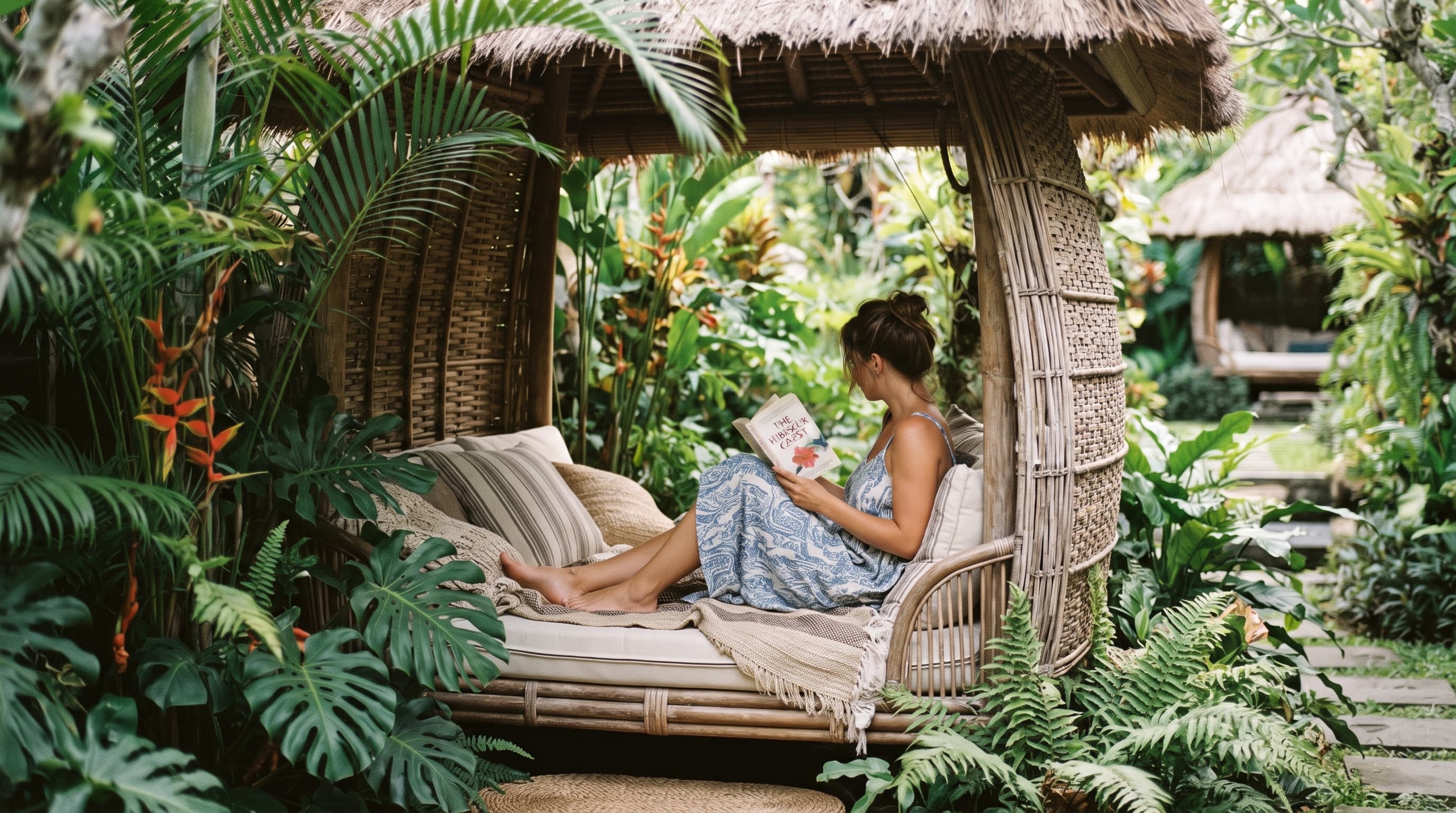 Guest relaxing in a garden daybed