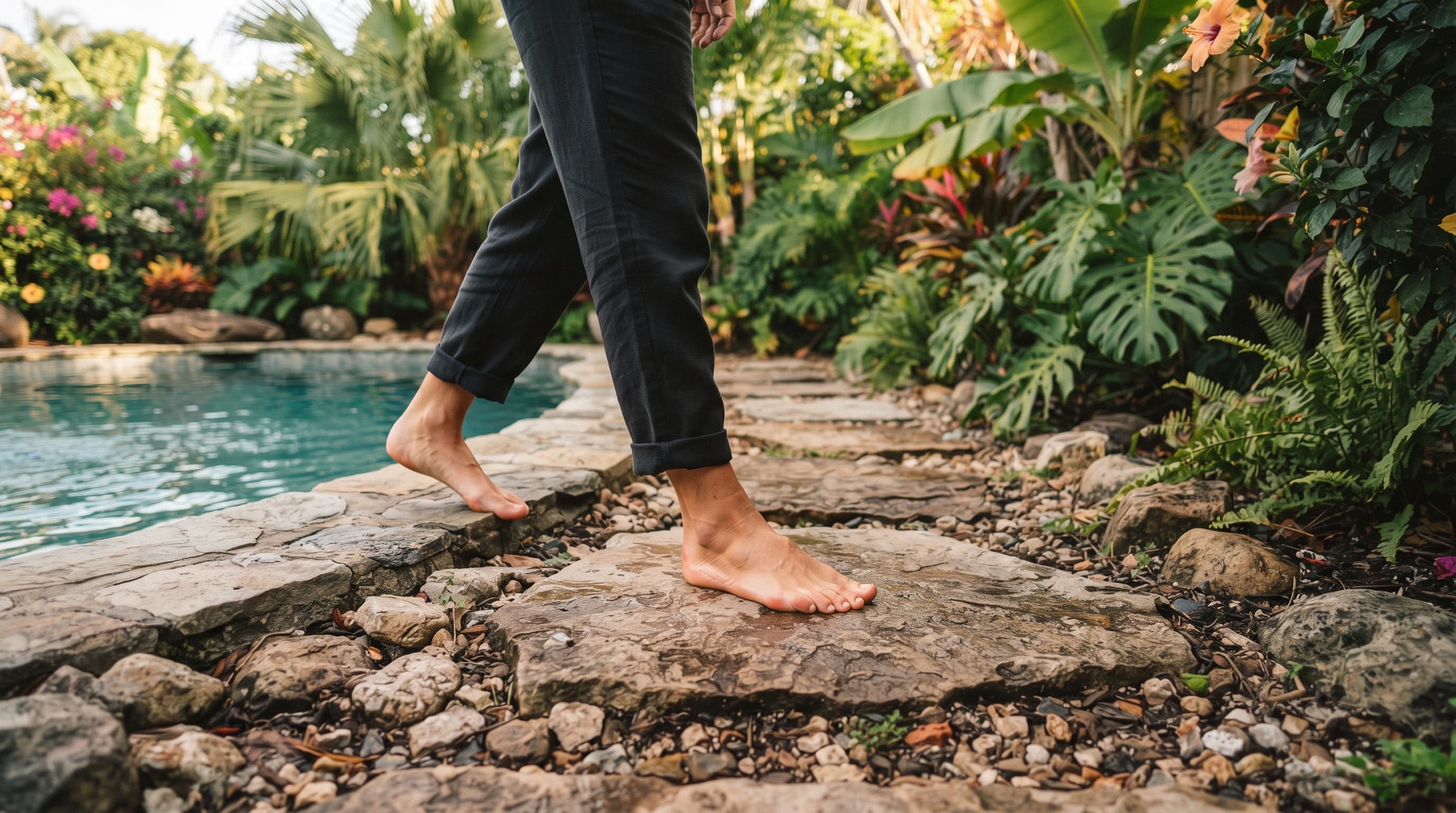 Bare feet on a garden stone path